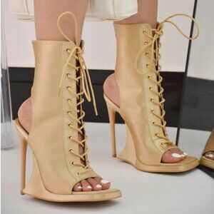 Cape Robbin Satin Gold Bellisa High Heel Square Open Peep Toe Lace Up Size 9